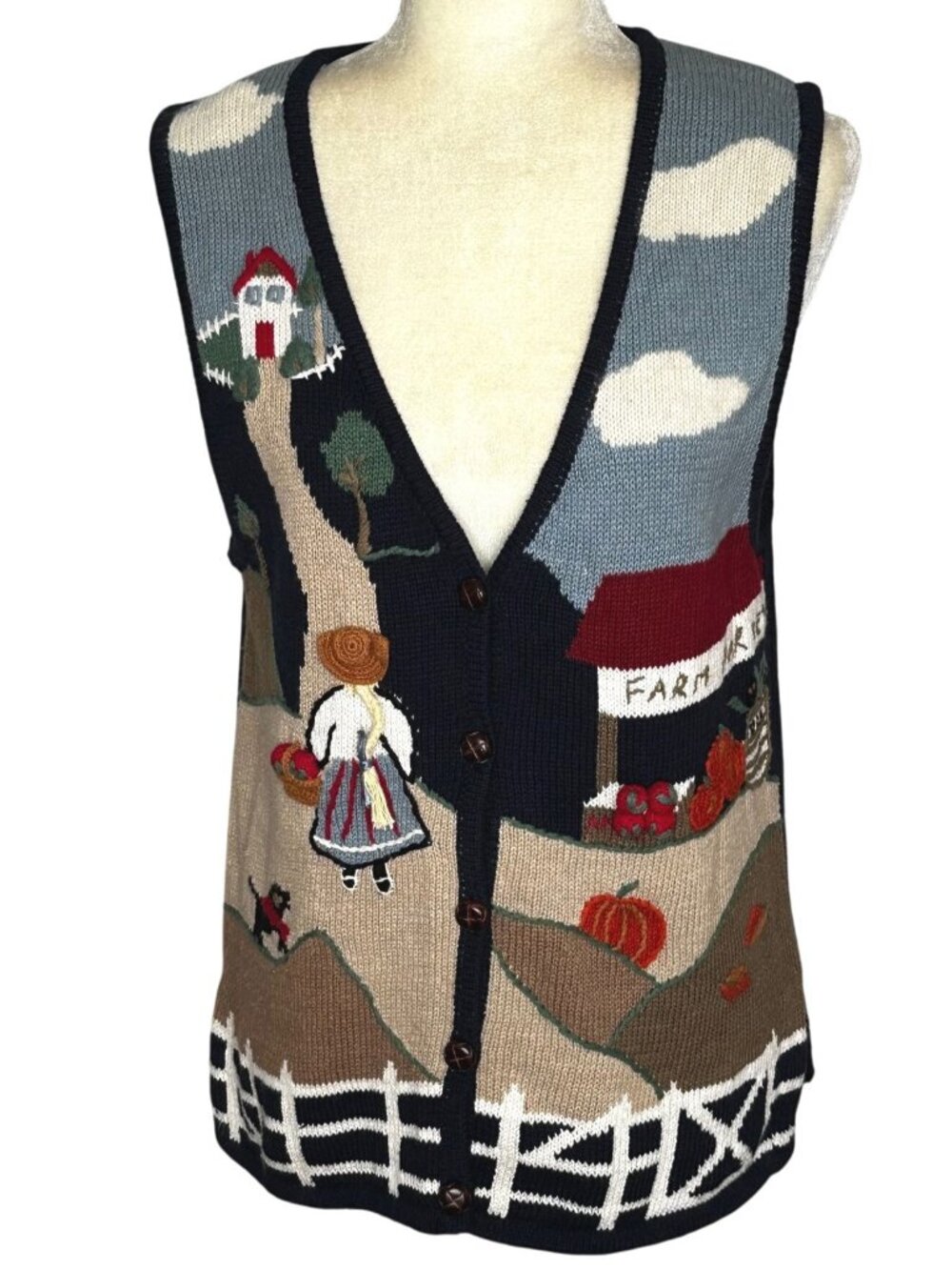 Vintage Capacity Sweater Vest Farmers Market Barn Pumpkins Size Large